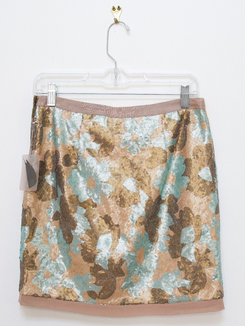 NWT Sequin Mini Skirt Size M Floral Metallic Gold Bronze Blue Retro Fall Glam - Picture 2 of 6